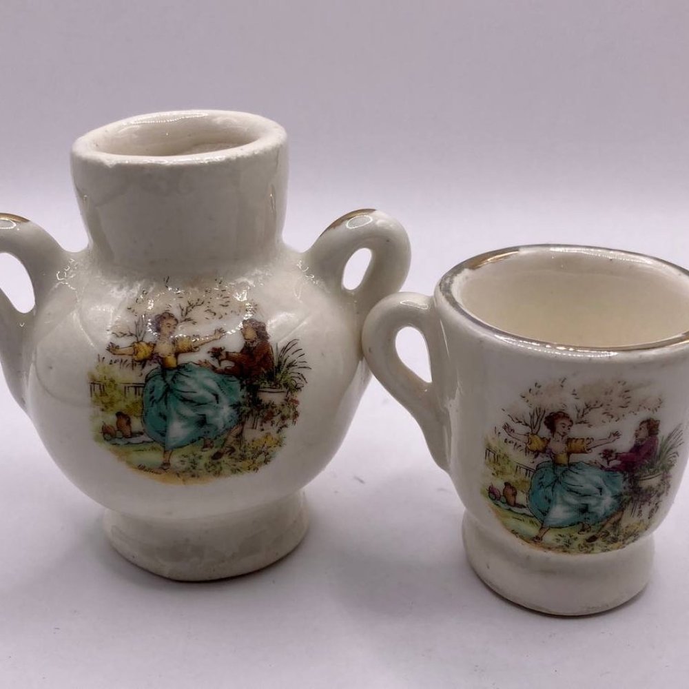 Vintage/Retro Tiny Ceramic Jar and Cup portraying couple with silver rim